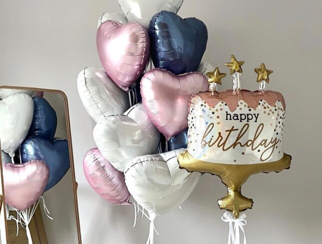Set de baloane in forma de inima si tort „Zi de nastere dulce” foto